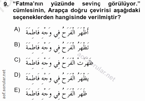 9. soru: "Fatma'nın yüzünde sevinç görülüyor." cümlesinin, Arapça doğru çevirisi aşağıdaki seçeneklerden hangisinde verilmişti…