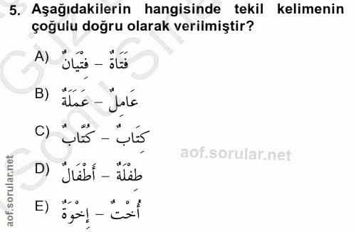 5. soru: Aşağıdakilerin hangisinde tekil kelimenin çoğulu doğru olarak verilmiştir? فَتَاةٌ - فَتْيَانٌ (A B) ites -Jalé كتَاب…