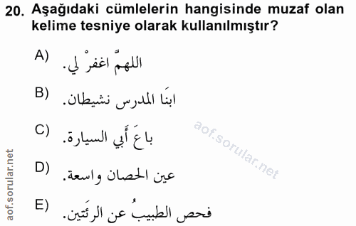 20. soru: Aşağıdaki cümlelerin hangisinde muzaf olan kelime tesniye olarak kullanılmıştır? A) اللهم اغفر لي. B) ابنا المدرس نشي…