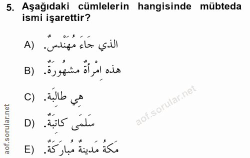 5. soru: Aşağıdaki cümlelerin hangisinde mübteda ismi işarettir? الذي جَاءَ مُهَنْدسٌ. (A B) .ö,fins ol ,al ais هِي طالِبَة. (…