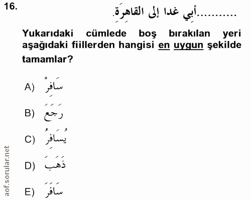 16. soru: Yukarıdaki cümlede boş bırakılan yeri aşağıdaki fiillerden hangisi en uygun şekilde tamamlar? A) B) يُسَافَرُ ذَهَبَ…