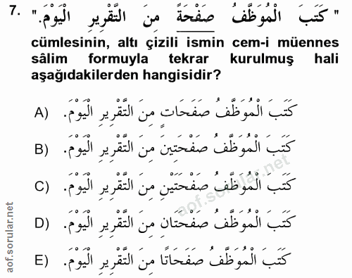7. soru: " كَتَبَ الْمُوَظَفُ صَفْحَةً مِنَ التَّقْرِيرِ الْيَوْمَ." .7 cümlesinin, altı çizili ismin cem-i müennes sâlim form…
