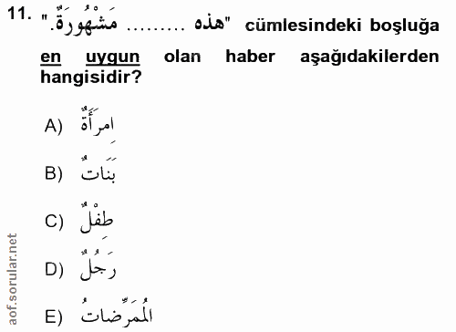11. soru: مَشْهُورَةٌ." .11 oo" cümlesindeki boşluğa en uygun olan haber aşağıdakilerden hangisidir? A) امرأَةٌ B) بنات c) Jäb…