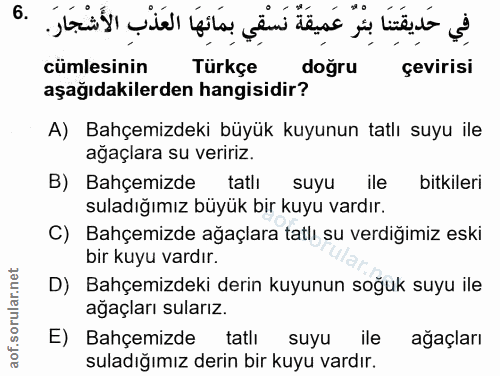 6. soru: 19 0 cümlesinin Türkçe doğru çevirisi aşağıdakilerden hangisidir? A) Bahçemizdeki büyük kuyunun tatlı suyu ile ağaçla…