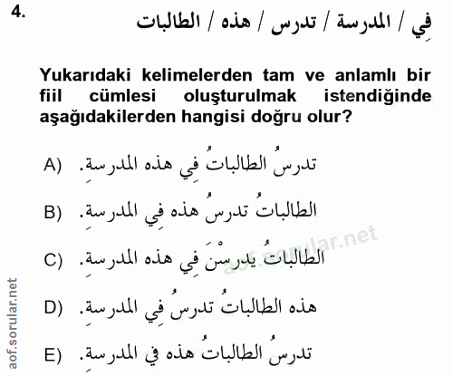 4. soru: في / المدرسة / تدرس / هذه / الطالبات Yukarıdaki kelimelerden tam ve anlamlı bir fiil cümlesi oluşturulmak istendiğind…