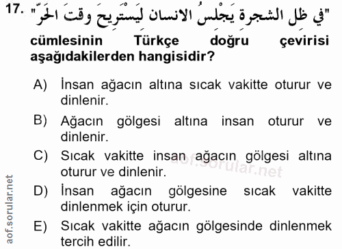 17. soru: cümlesinin Türkçe doğru çevirisi aşağıdakilerden hangisidir? A) Insan ağacın altına sıcak vakitte oturur ve dinlenir.…