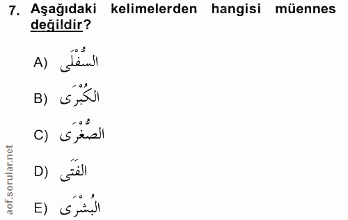 7. soru: Aşağıdaki kelimelerden hangisi müennes değildir? A) الكُبْرَى (B c) Suall D) Gäll البُشْرَى (E
