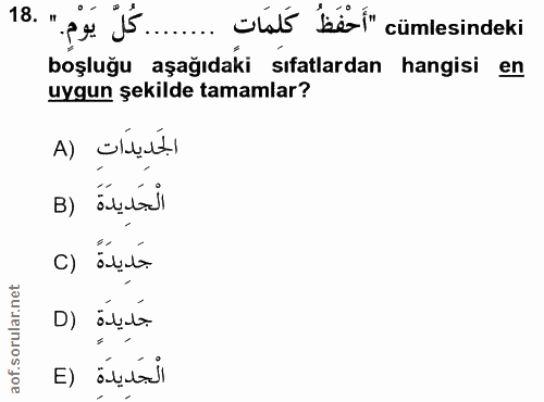 18. soru: " py j5....... Olsó besi" cümlesindeki boşluğu aşağıdaki sıfatlardan hangisi en uygun şekilde tamamlar? الجَديدَات (A…
