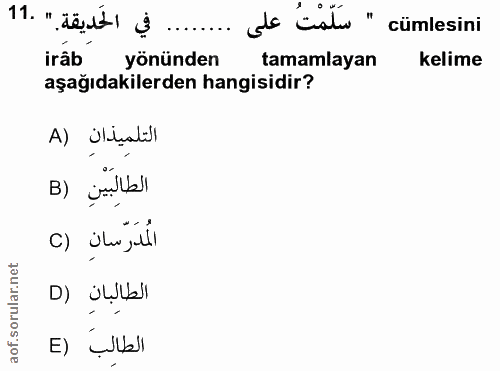 11. soru: ........ في الحديقة " .11 do Listo " cümlesini irâb yönünden tamamlayan kelime aşağıdakilerden hangisidir? التلمِيذان…