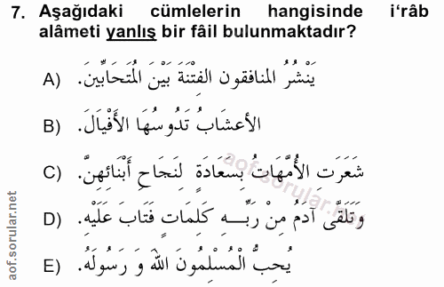 7. soru: Aşağıdaki cümlelerin hangisinde i'râb alâmeti yanlış bir fåil bulunmaktadır? يَنْشُرُ المنافقون الفِتْنَةَ بَيْنَ الم…