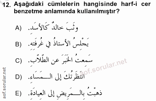 12. soru: Aşağıdaki cümlelerin hangisinde harf-i cer benzetme anlamında kullanılmıştır? وثَبَ خالدٌ كَالأسَد. (A يَجْلِسُ الأست…