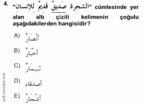 4. soru: A HUbmesl qile jab öpei" cümlesinde yer alan altı çizili kelimenin çoğulu aşağıdakilerden hangisidir? A) "isil B) C)…