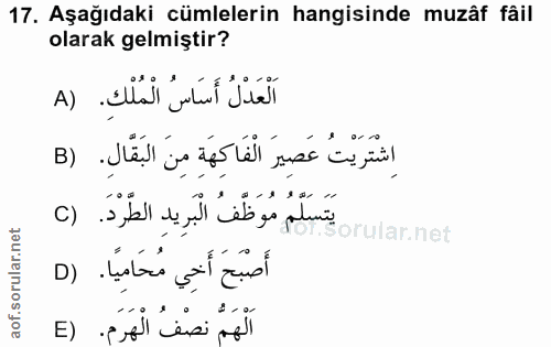 17. soru: Aşağıdaki cümlelerin hangisinde muzâf fâil olarak gelmiştir? اَلْعَدْلُ أَسَاسُ الْمُلْكِ. (A اِشْتَرَيْتُ عَصِيرَ ال…