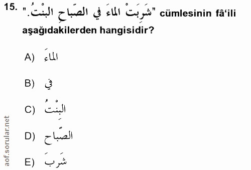 15. soru: ". Cil (hid ill b i" cümlesinin faili aşağıdakilerden hangisidir? A) «U1 B) 3 c) Lị! الصّباح (D شَربَ (E