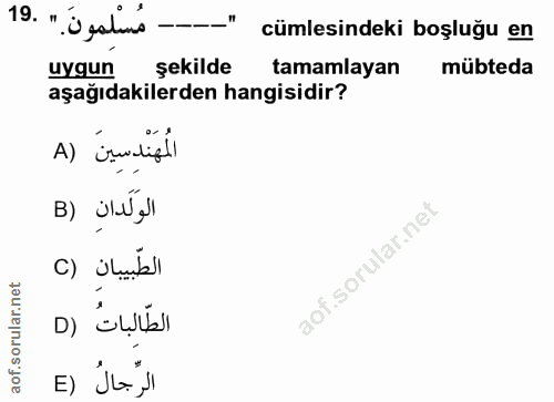 19. soru: .-- مُسْلِمونَ " .19 cümlesindeki boşluğu en uygun şekilde tamamlayan mübteda aşağıdakilerden hangisidir? المُهَنْدِس…