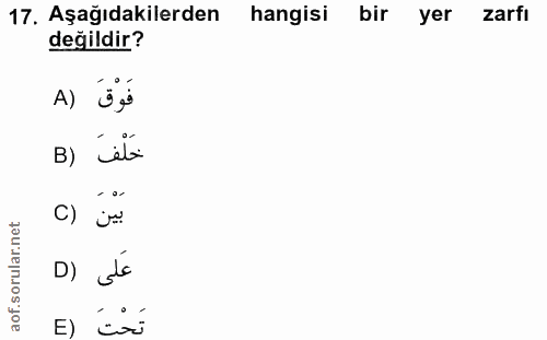 17. soru: Aşağıdakilerden hangisi bir yer zarfı değildir? A) 3si B) icli c) v* D) até تَحْتَ (E