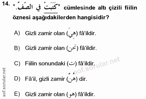 14. soru: " tésl ș üns" cümlesinde altı çizili fiilin öznesi aşağıdakilerden hangisidir? A) Gizli zamir olan (ş*) fa'ildir. B)…