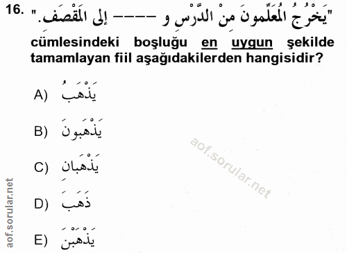 16. soru: "يَخْرُجُ المُعَلِّمونَ مِنْ الدَّرْسِ و ---- إلى المَقْصَفِ." .16 cümlesindeki boşluğu en uygun sekilde tamamlayan f…