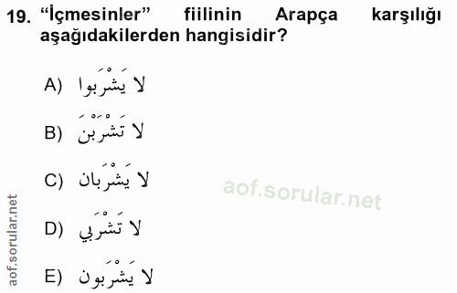 19. soru: "İçmesinler" fiilinin Arapça karşılığı aşağıdakilerden hangisidir? لا يَشْرَبوا (A لا تَشْرَبْنَ (B لا يَشْرَبان (C ل…