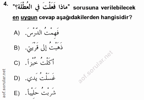 4. soru: A meallall ș clé Isb" sorusuna verilebilecek en uygun cevap aşağıdakilerden hangisidir? فَهِمْتُ الدَّرْسَ. (A ذهَبْت…