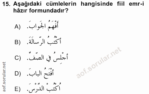 15. soru: Aşağıdaki cümlelerin hangisinde fiil emr-i hâzır formundadır? أَفْهَمُ الجَوابَ. (A أكْتُبُ الرّسالَةَ. (B أجْلِسُ في…