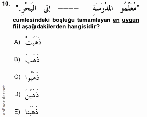 10. soru: "مُعَلّمُو المدْرَسَة cümlesindeki boşluğu tamamlayan en uygun fiil aşağıdakilerden hangisidir? ذَهَبَتْ (A B) ços ذَ…
