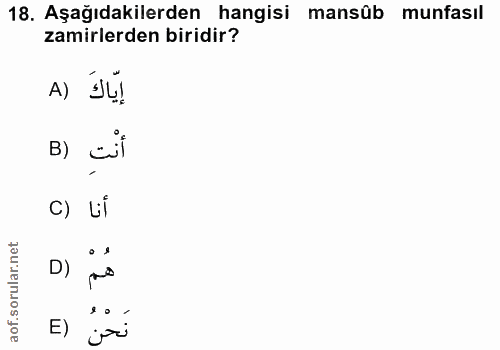 18. soru: Aşağıdakilerden hangisi mansûb munfasıl zamirlerden biridir? A) إياك B) c) LÏ • Я orular.net D) of. E)