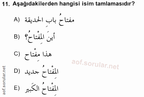11. soru: Aşağıdakilerden hangisi isim tamlamasıdır? مفتاحُ باب الحديقة (4 B) S-Liell jel O) aLiss lis المفْتاحُ جديد (D E) mil…