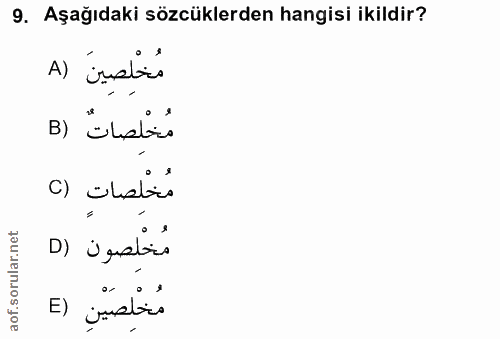 9. soru: Aşağıdaki sözcüklerden hangisi ikildir? مُخْلِصِينَ (٨ مخلصاتٌ (B مُخلصات () مُخْلِصون (0 مُخْلِصَيْنِ (E