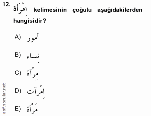 12. soru: älys kelimesinin çoğulu aşağıdakilerden hangisidir? A) ,gol B) chui C) امرآت (D E) مَرْأة