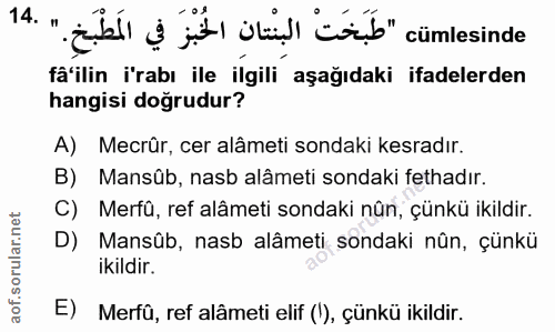 14. soru: . طبَختْ البنْتان الخُبْرَ في المَطْبَن fâ'ilin i'rabı ile ilgili aşağıdaki ifadelerden hangisi doğrudur? A) Mecrür,…