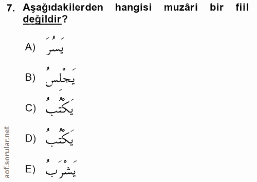 7. soru: Aşağıdakilerden hangisi muzâri bir fiil değildir? A) Ju. يَجْلِسُ (B C) يُكُتُبُ بكتبُ (ا يَشْرَبُ (E