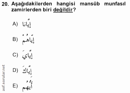 20. soru: Aşağıdakilerden hangisi mansûb munfasıl zamirlerden biri değildir? A) LL! B) mol! ç4! إيّاكَ (D أَيُهُم (E