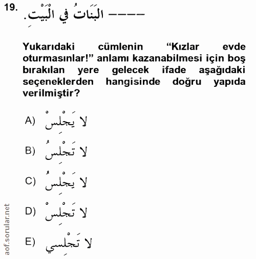 19. soru: --- البَنَاتُ في الْبَيْتِ. Yukarıdaki cümlenin "Kızlar evde oturmasınlar!" anlamı kazanabilmesi için boş bırakılan y…