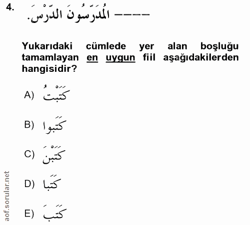4. soru: Yukarıdaki cümlede yer alan boşluğu tamamlayan en uygun • fiil aşağıdakilerden hangisidir? A) Enis B) 1 gis () gris D…