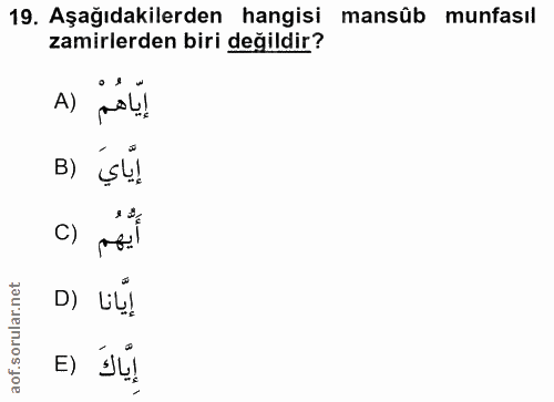 19. soru: Aşağıdakilerden hangisi mansûb munfasıl zamirlerden biri değildir? A) إِيّاهُمْ B) çu! C) ..i إيانا (D E) إياك
