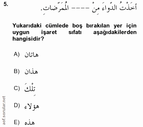 5. soru: -- المُمَرَّضَاتِ. Yukarıdaki cümlede boş bırakılan yer için uygun işaret sıfatı aşağıdakilerden hangisidir? A) JELs…