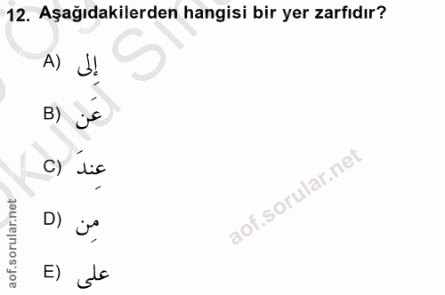12. soru: Aşağıdakilerden hangisi bir yer zarfıdır? A) B) js C) lis D) js على (E