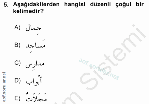 5. soru: Aşağıdakilerden hangisi düzenli çoğul bir kelimedir? A) Ja. مساجد (B مدارِس (C aof.sora@net أبواب (D مَجَلَاّتٌ (E
