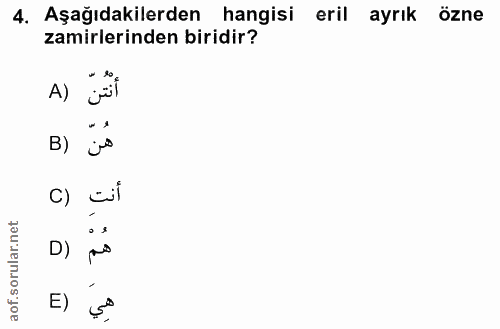 4. soru: Aşağıdakilerden hangisi eril ayrık özne zamirlerinden biridir? A) B) C) cil D)