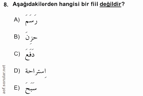 8. soru: Aşağıdakilerden hangisi bir fiil değildir? بارَسَمَ (A B) jp دَفَعَ () استراحة (D E) Jụu