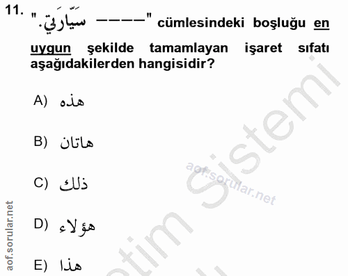 11. soru: - Ü )lạw --- " cümlesindeki boşluğu en uygun şekilde tamamlayan işaret sıfatı aşağıdakilerden hangisidir? A) alo B) ü…