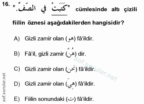 16. soru: 16 " tes ș is" cümlesinde altı çizili fiilin öznesi aşağıdakilerden hangisidir? A) Gizli zamir olan (es) fâ'ildir. B)…