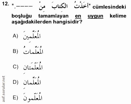 12. soru: " — js utsı bi" cümlesindeki boşluğu tamamlayan en uygun kelime aşağıdakilerden hangisidir? A) salell المُعَلّماتُ (B…
