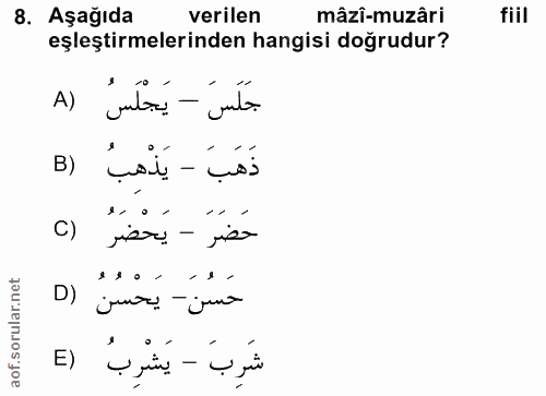 8. soru: Aşağıda verilen mâzî-muzâri fiil eşleştirmelerinden hangisi doğrudur? جَلَسَ - يَجْلَسُ (A ذَهَبَ - يَذْهِبُ (B C) حَ…