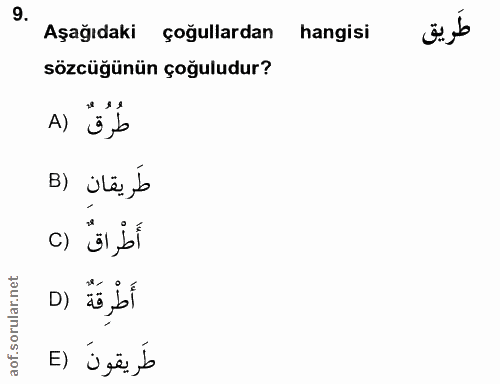 9. soru: Aşağıdaki çoğullardan hangisi sözcüğünün çoğuludur? A) طَريقان (B C) D) ăo, bl E) طَريقونَ