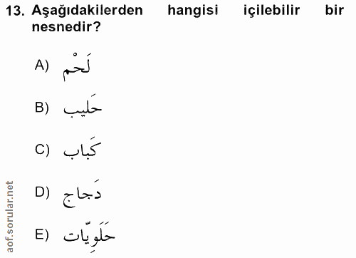 13. soru: Aşağıdakilerden hangisi içilebilir bir nesnedir? Al purd B) çita كَباب (C دَجاج (D E) oțela