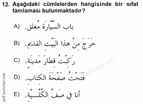 12. soru: Aşağıdaki cümlelerden hangisinde bir sıfat tamlaması bulunmaktadır? باب السّيَّارَة مُغلق. (A خَرَجَ مِنْ هذا البيتِ…