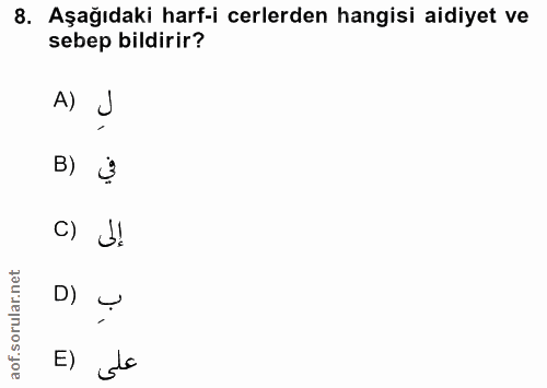 8. soru: Aşağıdaki harf-icerlerden hangisi aidiyet ve sebep bildirir? A) B) في c) J! D) على (E