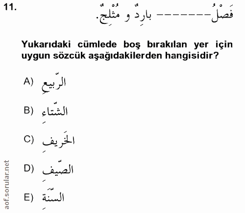 11. soru: بارد و مثلج فَصْلُ Yukarıdaki cümlede boş bırakılan yer için uygun sözcük aşağıdakilerden hangisidir? الربيع (A B) ال…